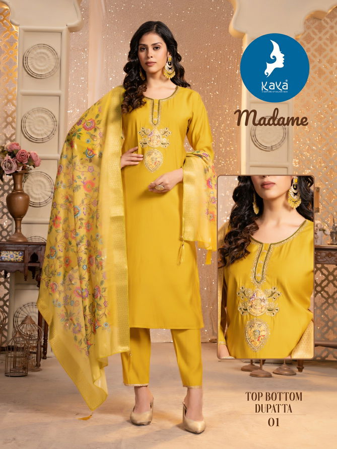 Madame By Kaya Roman Silk Designer Kurti With Bottom Dupatta Wholesale Price In Surat